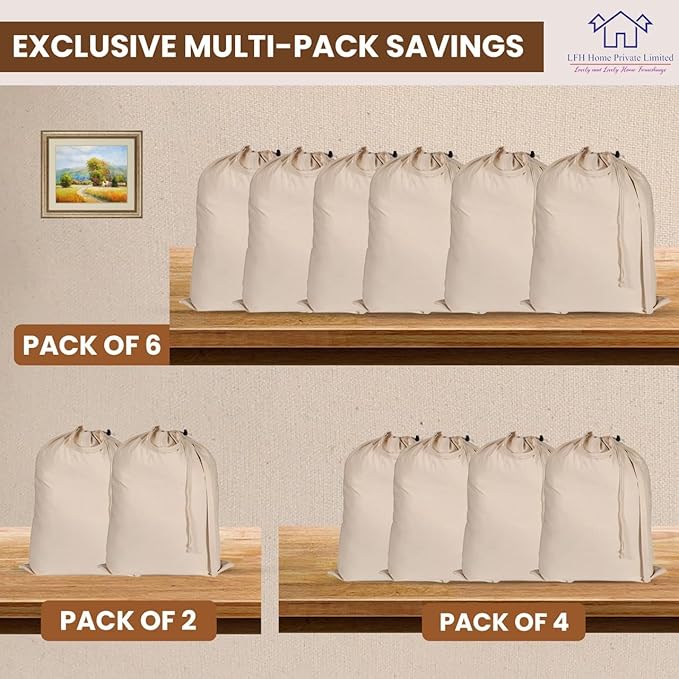 LFH Home Large Premium 100% Cotton Canvas Laundry Bag with Drawstring and Handles Heavy Duty, Multi-Use, and Washable for Home, Travel, College or Storage 28x40 (Pack of 2)-Natural
