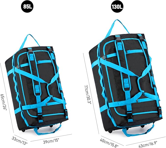 Foldable Rolling Duffle Bag with Wheels, 85L Extra Large Wheeled Travel Duffel, Waterproof Collapsible Weekender Luggage with Rollers for Storage Camping Sports Outdoor, Blue
