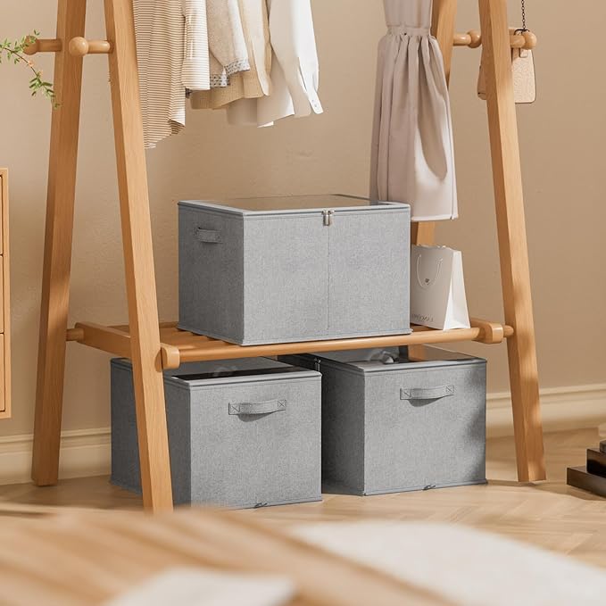 Shoe Organizer for Closet, 2 Pack Sturdy Shoe Storage Bins with Clear Cover, Fits 16-32 Pairs, Foldable Shoe Storage Box with Reinforced Handles (Grey, 19.7 * 15.7 * 12.6in)