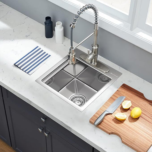 Kitchen Sink, 15 x 15 x 10 inch Small Bar Prep Sink 16 Gauge Stainless Steel Drop Single Bowl Workstation with Cutting Board