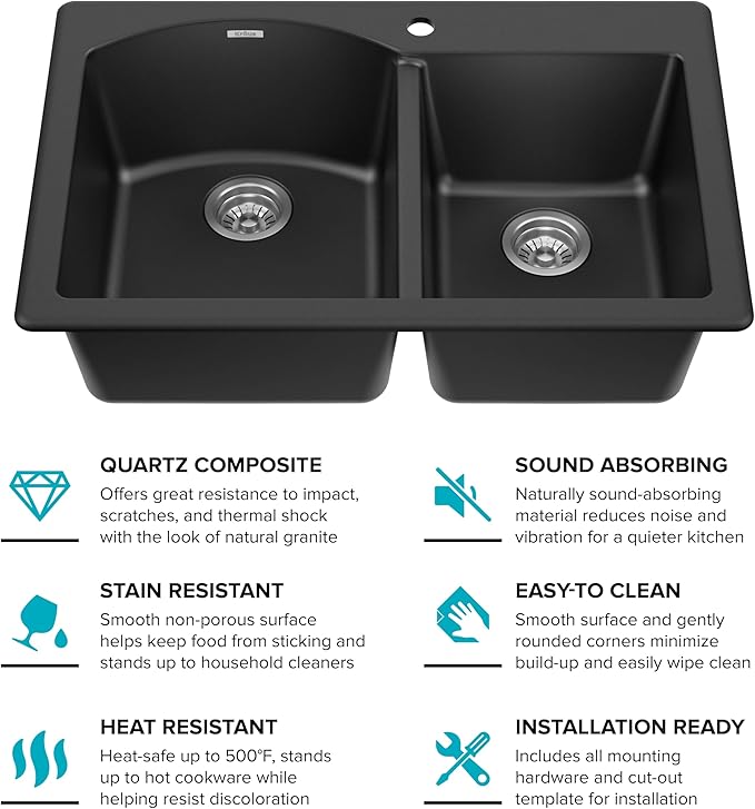 KRAUS Forteza 33-inch Drop In/Undermount 60/40 Double Bowl Granite Kitchen Sink in Black, KGD-50BLACK