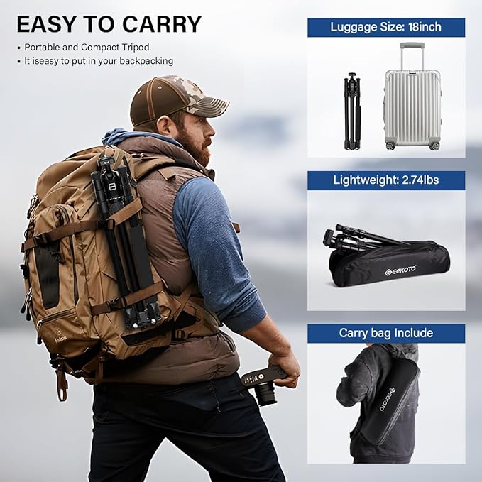 Geekoto 73-Inch Camera Tripod - Lightweight DSLR Tripod with 360° Ball Head & Quick Release Plate, Supports Up to 33.07 lbs, Portable for Travel & Outdoor Photography