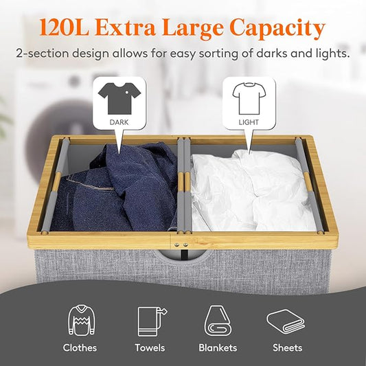 Lifewit 120L Double Laundry Hamper with Lid, Extra Large Bamboo Laundry Basket Dirty Clothes Hamper, 2 Section Laundry Bin Organizer for Laundry Room Bedroom with 2 Removable Liners & Bags,Light Gray