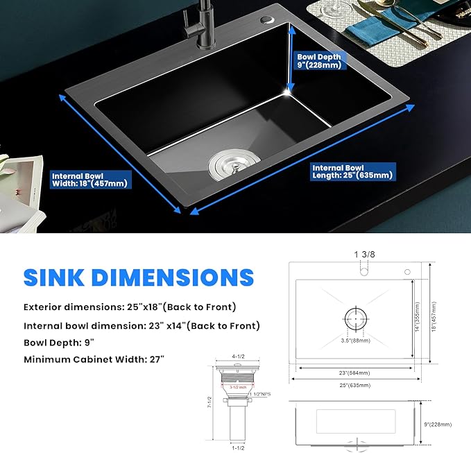 POPFLY 25 Inch Drop In Kitchen Sink, 25x18 Black Stainless Steel Top mount Workstation Sink, 9 Inch Deep 18 Gauge Stainless Steel Single Bowl 2 Holes Utility Sinks
