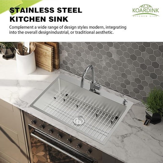 Stainless Steel Drop In 33x22 Inch Kitchen Sink - Modern Large Single Bowl Topmount Kitchen Sink Come With SS Grid,Silicon Mat,Drain Strainer Set Compatibility With Various Kitchen Styles