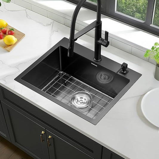 Black Kitchen Sink Drop-In 22 x 18 inch, SINKVINE PVD Nano Stainless Steel Bar Sink Outdoor, Top Mount Deep Single Bowl RV Laundry Basin, w/Drain Strainer, Bottom Grid, Roll-up Drying Unit, Dark Gray