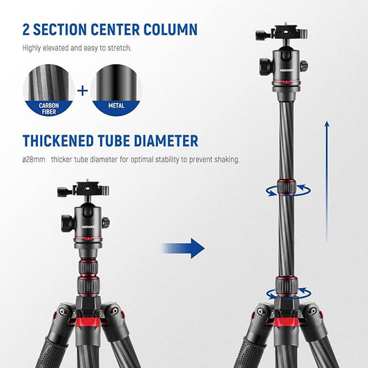 NEEWER Upgraded 80.7" Carbon Fiber Camera Tripod Monopod with Telescopic 2 Section Center Axes, 360° Panorama Ballhead, 1/4" Arca Type QR Plate, Travel Tripod with ø28mm Column, Max Load 26.5lb, N55CR