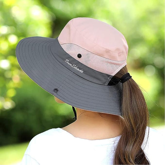 ZOORON Women's Ponytail Safari Sun Hat,Wide Brim UV Protection Outdoor Bucket Hat,Foldable Beach Summer Fishing Hat