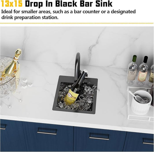 Small Black Kitchen Sink,13x15 Inch Stainless Steel Drop In Topmount Kitchen And Bar Sink Ideal Choice For Small Space, Prep Area, RV With Bottom Grid,Soap Mat And Drain Assembly