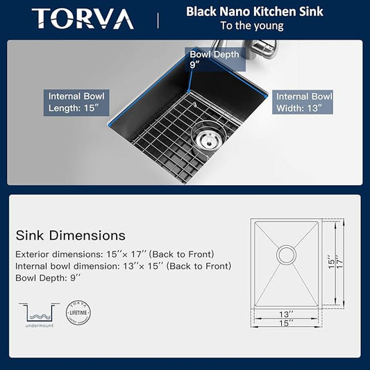TORVA 15 x 17 Inch Gloss Black Ceramic Coating with NanoTek Undermount Kitchen Sink, PVD Coated Gunmetal Sink16 Gauge Stainless Steel Wet Bar or Prep Sinks Single Bowl, Fits 18" Cabinet,Dark Gray