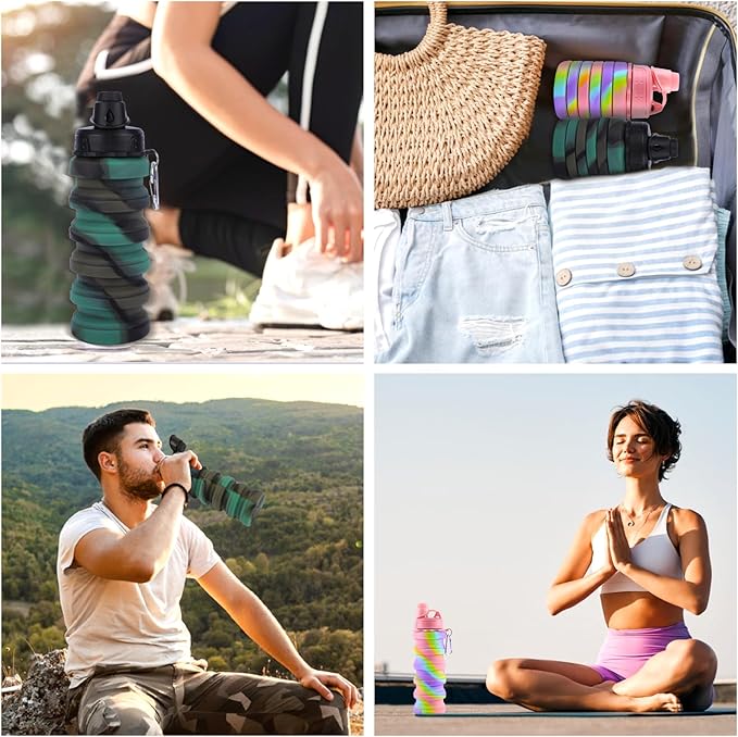 Collapsible Water Bottle for Adults, Boys, Students, Kids, Reusable Silicone Foldable Water Bottles for Travel Camping Hiking Sports,Leak-Proof Portable Sports Water Bottle (Pink & Camouflage)