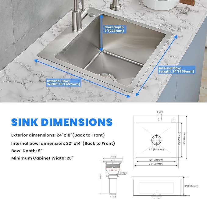POPFLY 24×18 Inch Drop in Kitchen Sink, Topmount Handmade Single Bowl 18 Gauge 304 Stainless Steel Overmount Kitchen Sinks, Brushed