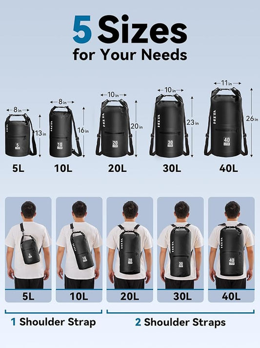 HEETA Waterproof Dry Bag with Front Zippered Pocket for Women Men, 5L/10L/20L/30L/40L Roll Top Lightweight Dry Storage Bag Backpack for Travel, Kayaking, Boating, Rafting, Camping, Hiking & Beach