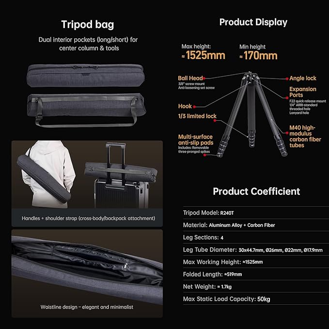 FALCAM TreeRoot Carbon Fiber Medium Tripod, 4-Section Legs, 50kg Vertical Load, 30mm Large Diameter, Quick Lock Tripod Only-T00A4901