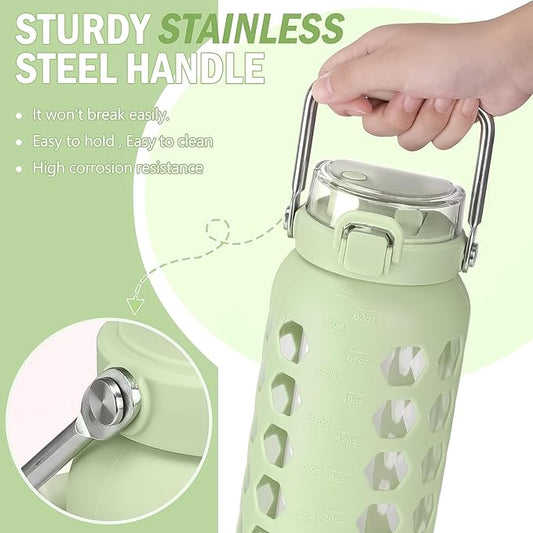 MUKOKO 64oz Glass Water Bottles with Straw and Lid,Half Gallon Water Bottle with Time Marker,Large Glass Water Jug with Silicone Sleeve and Stainless Steel Handle-Green