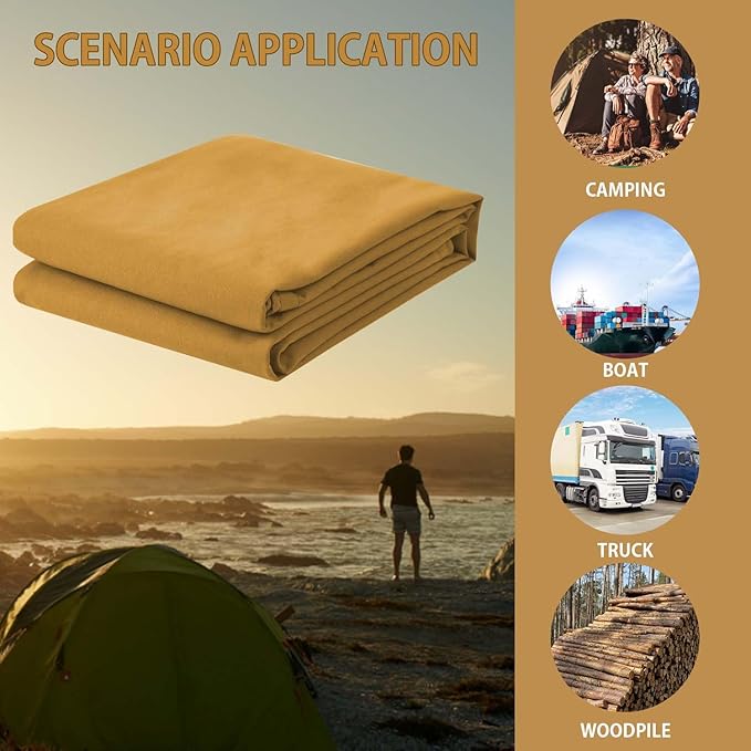 FoundGo 6x8ft Canvas Tarp 22 Mil Tarps 14 oz Canvas Tarpaulin Heavy Duty Cloth Water/UV Resistant Cover with Rustproof Grommets & Ropes for Cars,Roofs,Boats,Camps,Sunshades,Moisture Barrier -Tan