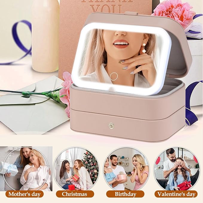 Travel Jewelry Case with LED Lighted Mirror, Personalized Birthday Gifts for Women Girls Kids, 2-Layer Portable Travel Jewelry Organizer, Travel Essentials (Autumn Apricot)