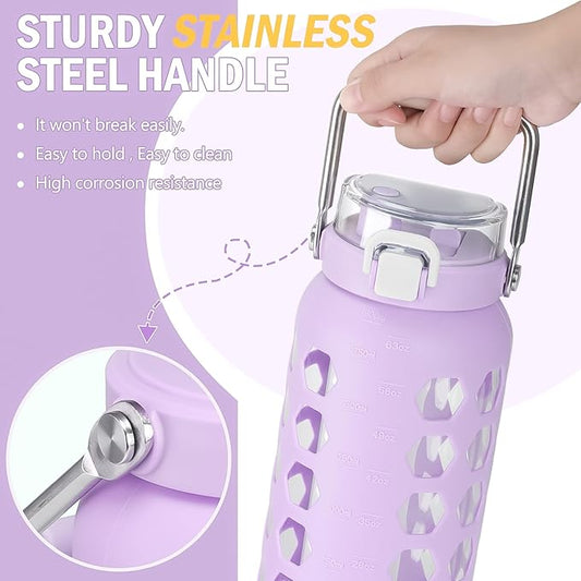 MUKOKO 64oz Glass Water Bottles with Straw and Lid,Half Gallon Water Bottle with Time Marker,Large Glass Water Jug with Silicone Sleeve and Stainless Steel Handle-Purple