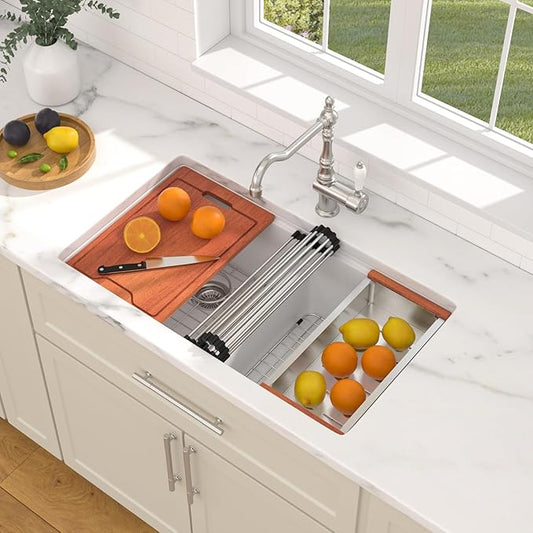 Dcolora 33 Inch Granite Compoisite Kitchen Sink White Undermount Kitchen Sink 50/50 Double Bowl Workstation Elegant Under Counter basin 33"×19“×10”,#DC-GX3327