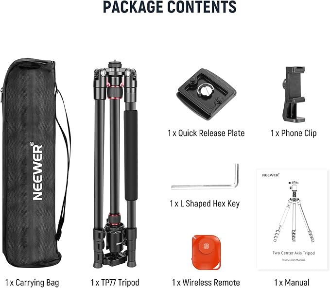 NEEWER 77” Camera Tripod Monopod with Phone Holder, Portable Travel Tripod with Remote, 360° Ball Head, 2 Axis Center Column, Arca QR Plate and Bag, Aluminum DSLR Tripod 34lb Max Load, TP77