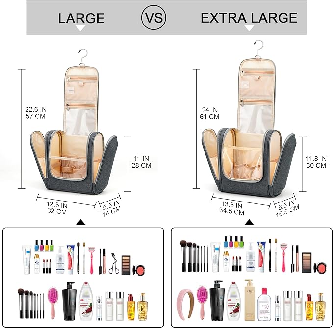 Hanging Toiletry Bag for Women & Men, Cruise Ship Travel Essentials, Holds Full Size Shampoo, with Dry and Wet Separation Cosmetic Bag, Makeup Organizer Bag, Bathroom Water-resistant Bag, Grey