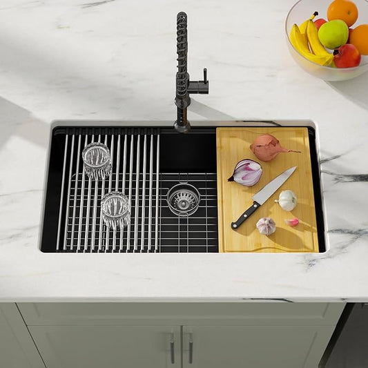 Dcolora 30 Inch Matte Black Kitchen Sink Workstation Granite Composite Undermount Single Bowl Kitchen Sink,DC-GU8769