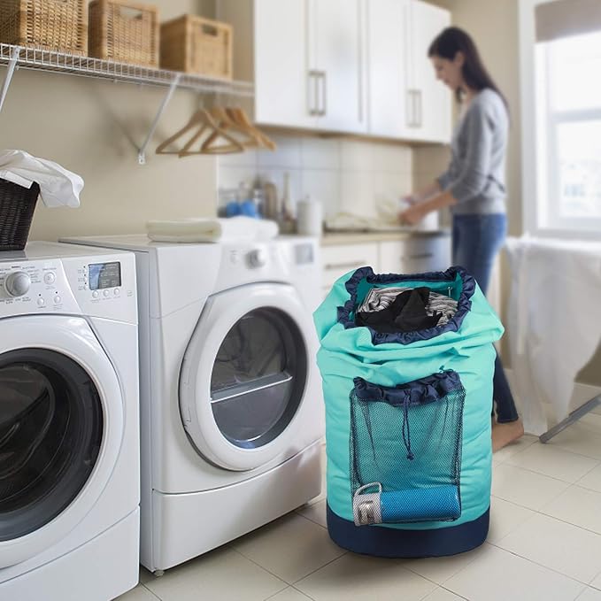 Dalykate Laundry Backpack with Shoulder Straps and Mesh Pocket Durable Nylon Clothes Hamper Bag with Drawstring Closure for College, Travel, Laundromat, Apartment