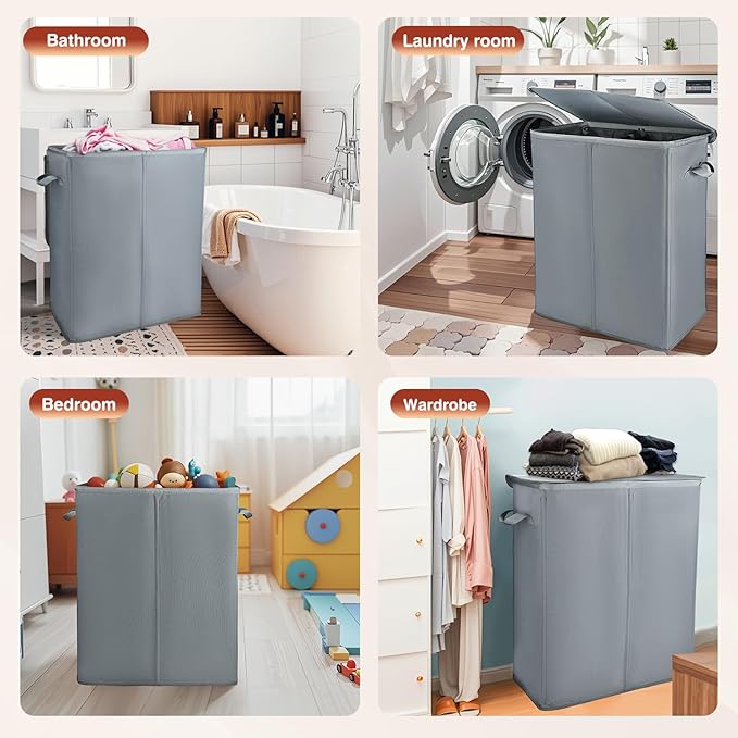 Voova 154L Double Laundry Hamper with Lid and 2 Removable Laundry Bags, Large Collapsible 2 Dividers Dirty Clothes Basket with Handles for Laundry Room, Bedroom, Bathroom, College Dorm, Grey