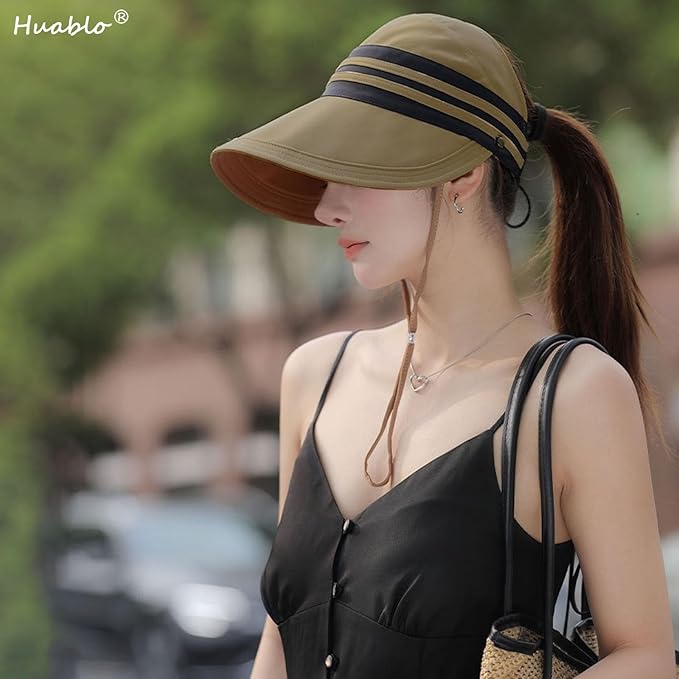 Sun Hats for Womens Wide Brim UV Protection Fishing Hats Packable Reversible Hollow Top Hat with Ponytail Beach Travel Hats