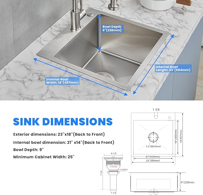POPFLY 23 Inch Drop In Kitchen Sink, 23×18 Inch Top mount Small Bar Prep Sink,18 Gauge Stainless Steel 9 Inch Deep Single Bowl Utility Sinks with 2 Holes, Brushed