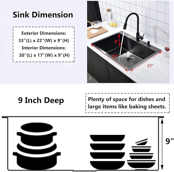 COMLLEN 33"x22"x9" Black Drop In Kitchen Sink, Top Mount SUS304 Stainless Steel Gunmetal Black 18 Gauge Large Commercial Modern Handmade Kitchen Sinks with Drain