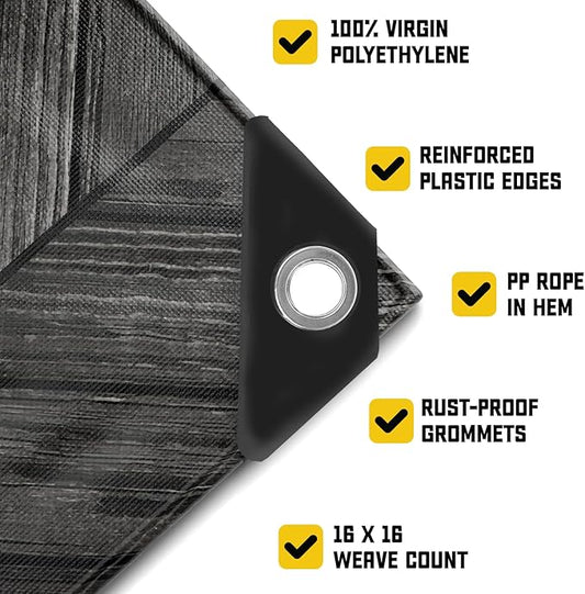 Core Tarps Extreme Heavy Duty 20 Mil Tarp Cover, Waterproof, UV Resistant, Rip and Tear Proof, Poly Tarpaulin with Reinforced Edges for Roof, Camping, Patio, Pool, Boat (Grey Wood/Black 40′ X 60′)