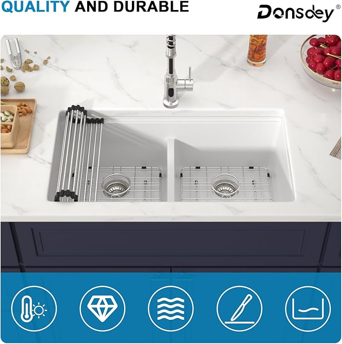 33 Inch Undermount White Granite Composite Kitchen Sink Under Counter Quartz Single Bowl Sink Workstation Sinks with Accessories Quick Drain Noise Reduction Home Renovation Classic Style