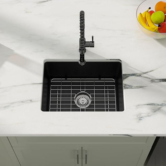 Dcolora 22 Inch Quartz Composite Bar Sink Black Undermount Small Granite Composite Kitchen Sink Prep RV Single Bowl Under Counter, Round Corner, 22"x17", DC-GU7747