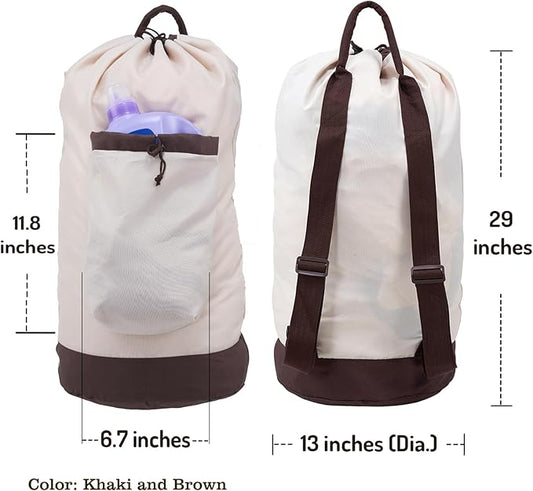 Laundry Bag Backpack with Shoulder Straps and Detergent Holder Clothes, Travel Laundry Backpack Bag Hamper for College Dorm Room (Khaki w Brown)