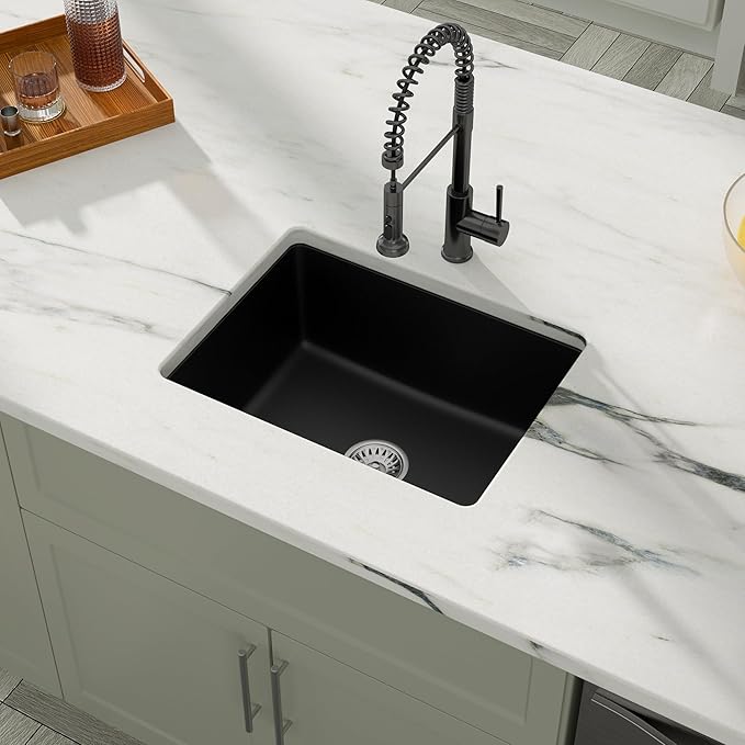 Dcolora 22 Inch Quartz Composite Bar Sink Black Undermount Small Granite Composite Kitchen Sink Prep RV Single Bowl Under Counter, Round Corner, 22"x17", DC-GU7747