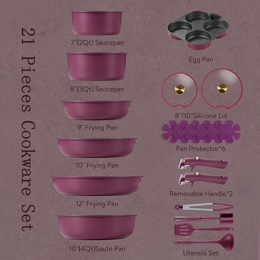 CAROTE 21pcs Pots and Pans Set, Nonstick Cookware Set Detachable Handle - Image 2
