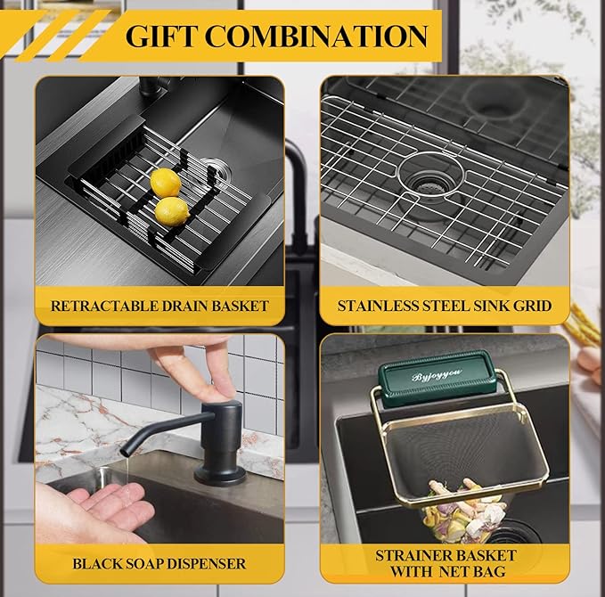 Black Kitchen Sink, Stainless Steel Topmount Bar Sink 22x18x9 Inch Single Bowl Drop In Kitchen Sink Combo-Sink Grid,Soap Dispenser,Drain Basket,Strainer Mesh,Drain Strainer Set for Modern Kitchen Sink