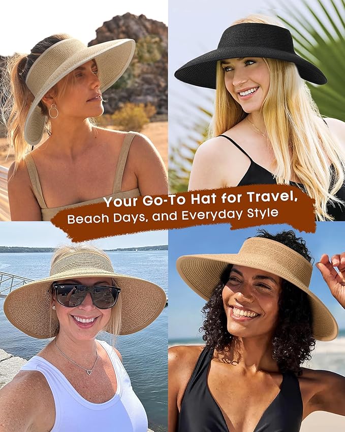 Womens Sun Visor Hats Wide Brim Straw Beach Hat UV Protection Ponytail Packable Beach Vacation Essentials