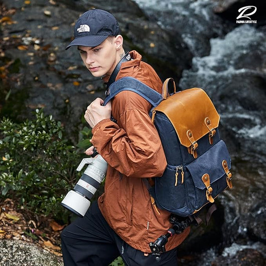Padwa Lifestyle Blue Camera Backpack - Waxed Memory Weather Resistant Canvas Large Camera Bag,Multifunctional Dslr Camera Backpacks with Multi Cameras,Lens & 16” Laptop Compartment for Photographers