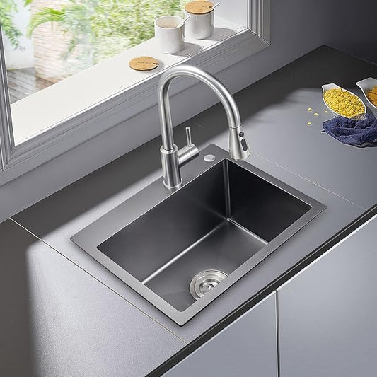 POPFLY 23 x 18 Inch Drop in Kitchen Sink, 304 Stainless Steel Overmount Single Bowl 9 Inch Deep Small Rv Sink Handmaed Bar Prep Top mount Utility Sink, Black