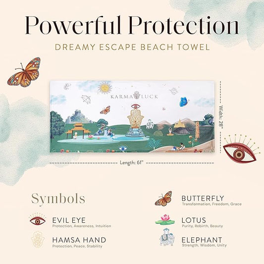 KARMA AND LUCK Dreamy Escape Beach Towel for Women & Men, Evil Eye, Hamsa Hand, Lotus, Butterfly, and Elephant Premium Designs, Cotton Beach Towels for Swimming, 61” x 28”