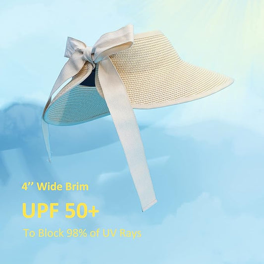 Joywant Womens Sun Visor Hats, Packable Wide Brim Ponytail Beach Hat Straw Visor Summer Beach Vacation Essentials for Womens