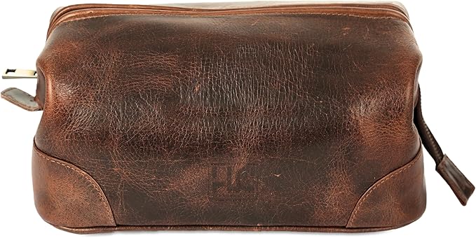 HLC Leather Toiletry Bag for Men - Best Gift for Men - Premium Genuine Leather Dopp Kit Shaving Kit Organizer Travel Kit Pouch Bag for Men - Large Size - Rustic Brown