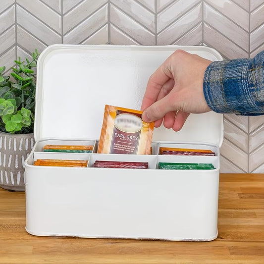 AuldHome Design Farmhouse Tea Bag Box, Vintage Retro Style Enamelware Tea - Image 2
