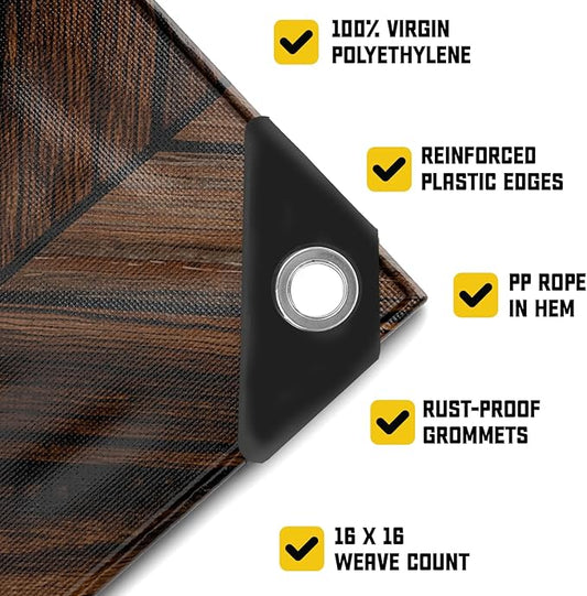 Core Tarps Extreme Heavy Duty 20 Mil Tarp Cover, Waterproof, UV Resistant, Rip and Tear Proof, Poly Tarpaulin with Reinforced Edges for Roof, Camping, Patio, Pool, Boat (Brown Wood/Black 10′ X 20′)