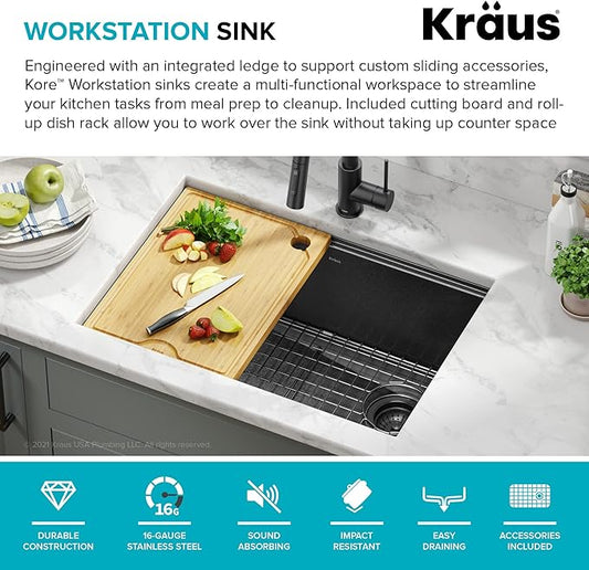KRAUS Kore Workstation 27-inch Undermount 16 Gauge Black Stainless Kitchen Sink, Single Bowl Kitchen Sink in PVD Gunmetal Finish with Accessories, KWU110-27-PGM