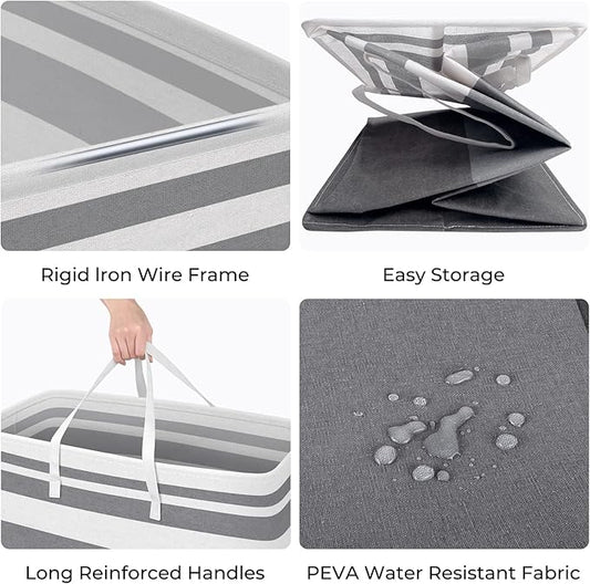 HomeHacks 2 Pack Large Laundry Baskets, Waterproof, Freestanding Laundry Hampers, Collapsible Clothes Hamper with Reinforced Handles in Laundry, College Dorm, Bathroom, Bedroom (Grey+Blue, 100Lx2)