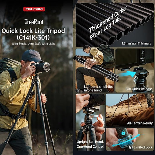 FALCAM TreeRoot F38 Quick Lock Lite Carbon Fiber Travel Tripod with Ball Head Load Capacity 3kg/6.6lbs, Max Vertical Payload 40Kg/88lbs for Cameras, All-Terrain Stability (C141K-301)