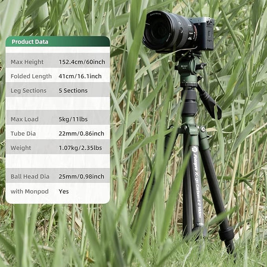 Fotopro 59" Carbon Fiber Travel Tripod, Compact Video Tripods with Fluid Head, Detachable Monopod with Quick Release Plate and Bag, Camera Tripod Load up to 8KG/17.63lbs, Green